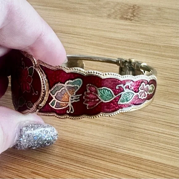 Vintage Cloisonné Hinged Bracelet Flowers and Butterfly Red Bangle Bracelet - Picture 4 of 7